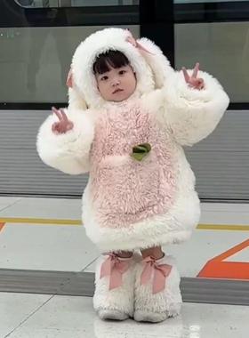 女童秋冬新款套装亲子女宝宝可爱兔耳朵白色加厚保暖居家服装网红