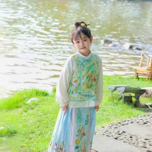 女童汉服新中式马面裙马甲套装秋天长袖明制国风古装格格鸟语花香