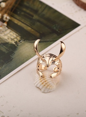 黑暗世界洛基头盔戒指托尔创意新款个性开口可调节戒指鹿头指环批