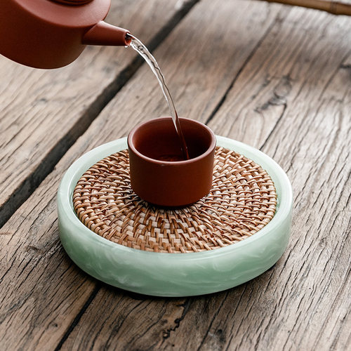 德化羊脂玉白瓷圆形陶瓷茶盘壶承储水茶台家用托盘干泡盘玉石盘面
