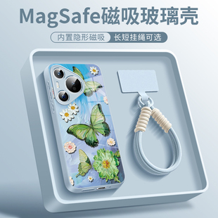 适用于华为pura80pro+手机壳油画绿色蝴蝶pura70ultra春天新款pura80pro+磁吸玻璃带挂绳p80高级感p70保护套