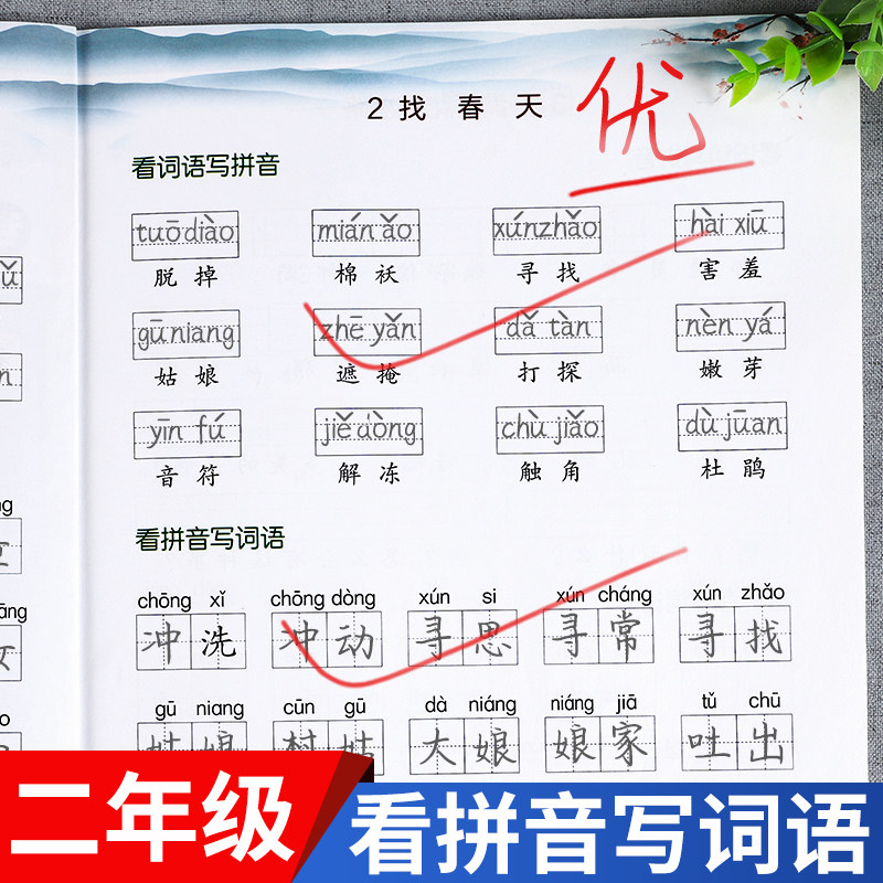 看拼音写词语二年级下册练字帖 控笔训练笔画笔顺练字帖小学生专用看汉字写拼音描红本生字注音同步练习册 二年级语文下册专项训练