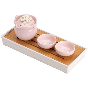 粉色捏花功夫茶具套装家用陶瓷一壶两杯提梁侧把茶壶茶杯女生喝茶