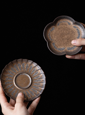 复古陶瓷小杯垫鎏金粗陶茶杯托隔热防烫茶托家用功夫茶具茶道配件