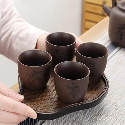 紫砂茶具品茗杯大容量复古紫泥茶杯茶碗梅兰竹菊喝茶主人杯子大号