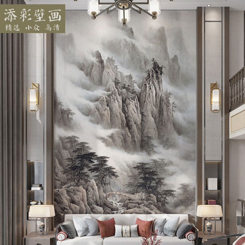 大型别墅挑空客厅沙发背景墙布山水玄关楼梯壁纸酒店包间壁布定制