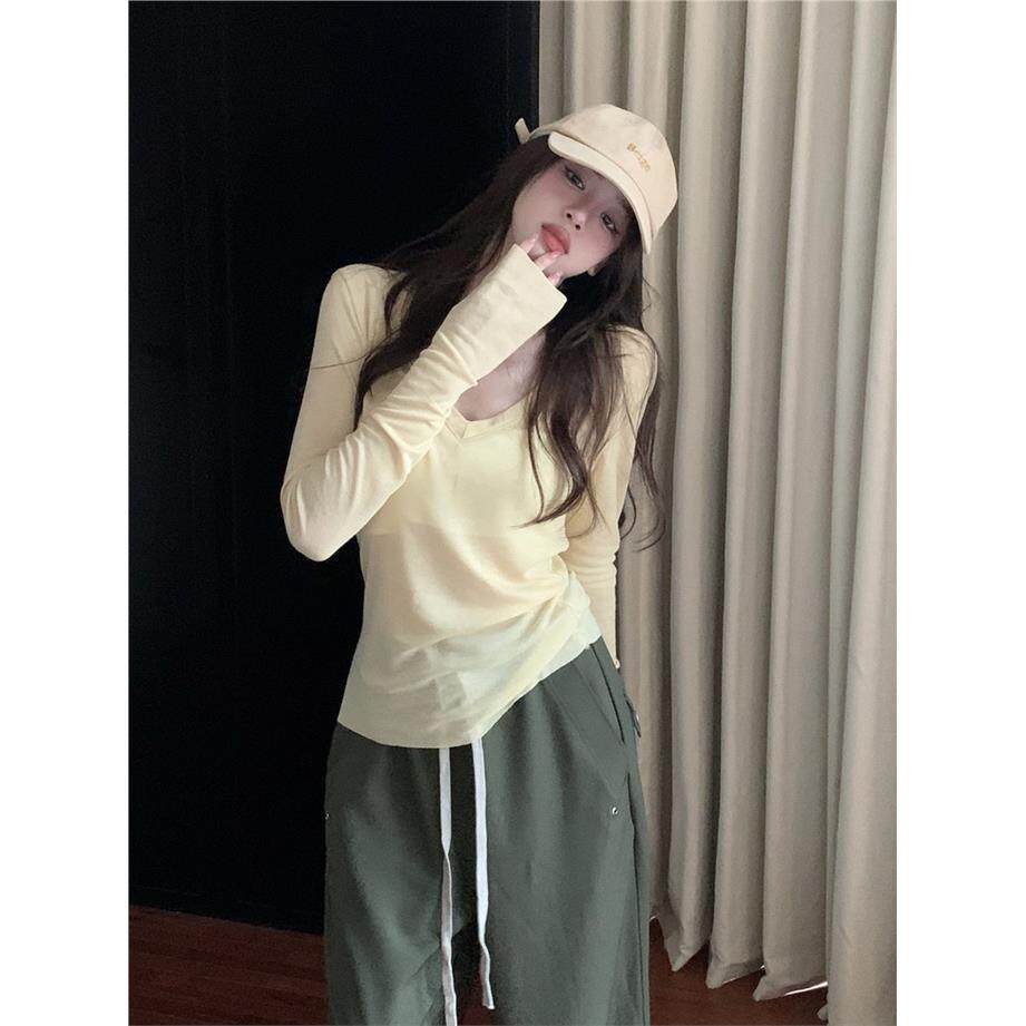 慵懒风微透薄款罩衫休闲V领长袖T恤女夏小众宽松显瘦外穿防晒上衣