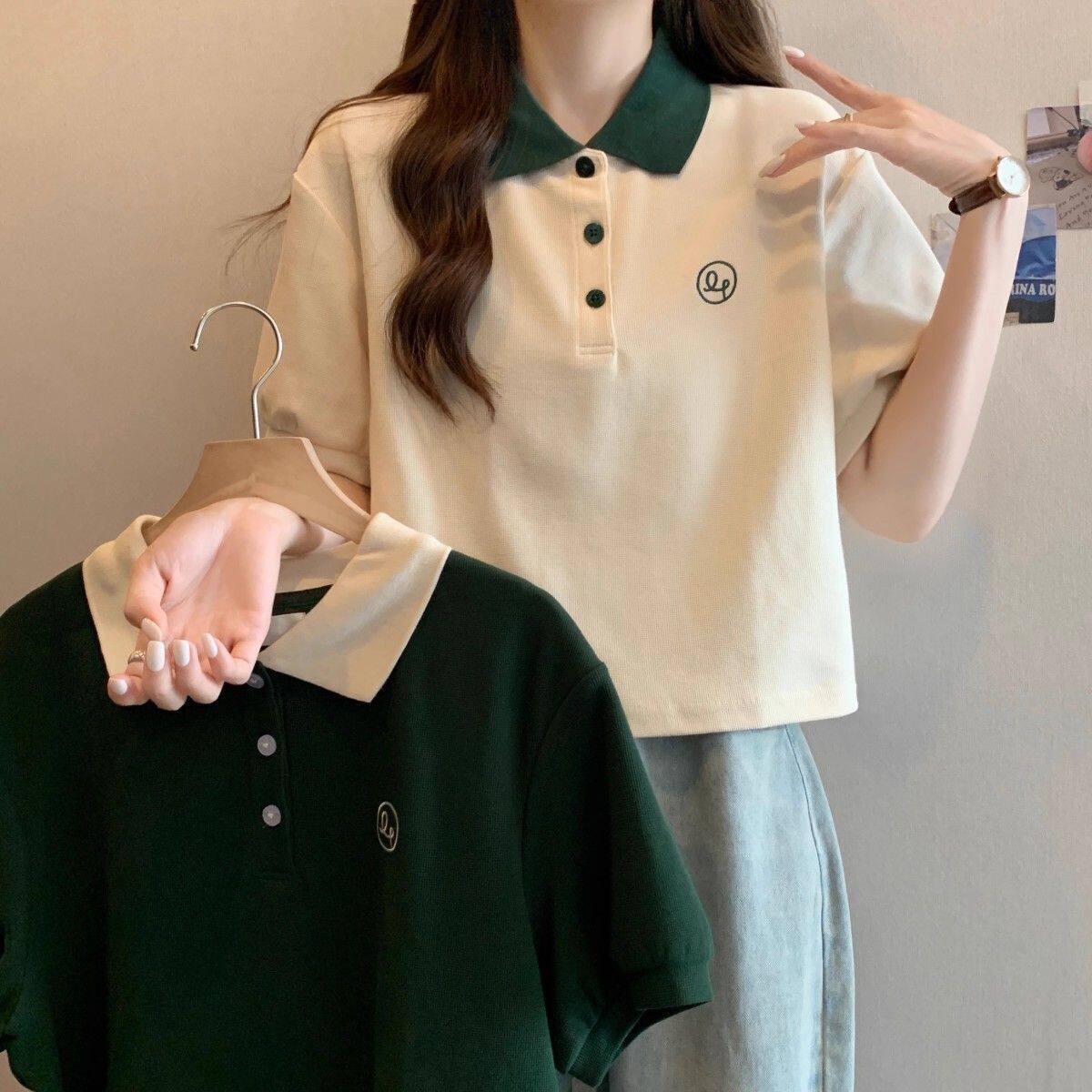 大码polo领正肩短袖t恤女夏季2025新款胖mm休闲宽松显瘦遮肉上衣