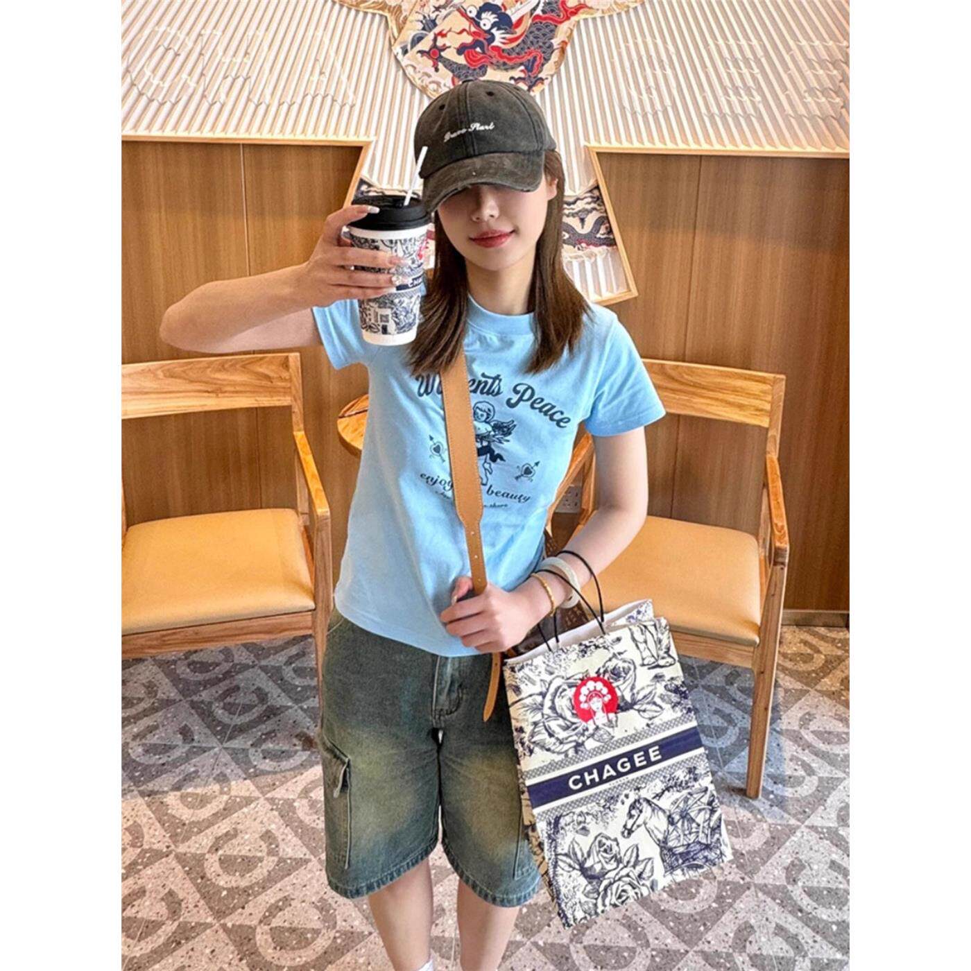 美式复古蓝色印花正肩短袖t恤女小个子修身显瘦甜酷辣妹短款上衣