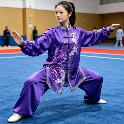 刺绣新款春秋太极服表演武术练功演出气功八段锦紫色比赛服钻女款