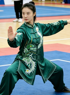 刺绣新款夏太极服表演武术练功演出气功八段锦墨绿比赛服钻女款