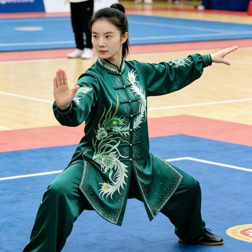 刺绣新款春秋太极服表演武术练功演出气功八段锦墨绿比赛服钻女款