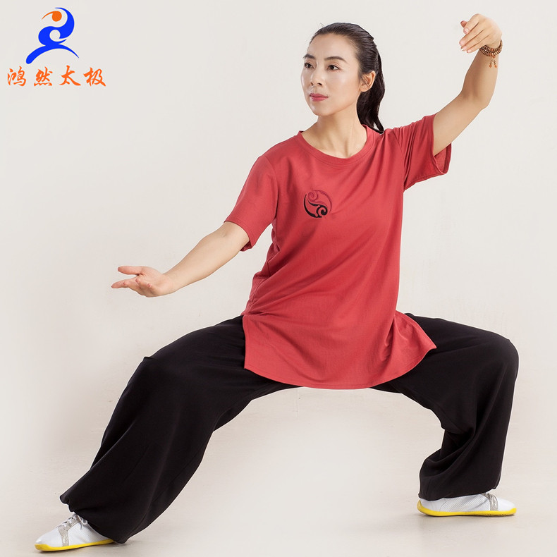 鸿然太极服女夏棉新款飘逸休闲T恤短袖套装比赛表演高弹薄款透气
