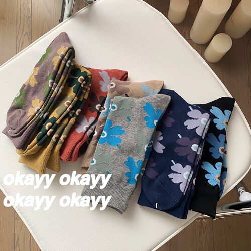 花朵小众花花芬兰花同款艺术四季款中筒袜女袜鸡蛋花chic