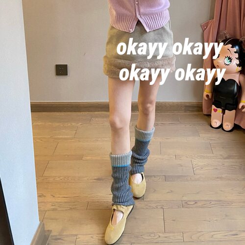 秋冬保暖拼色针织堆堆及膝袜女