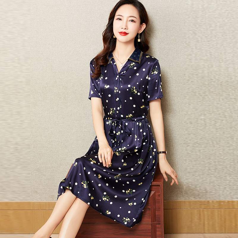 声雨竹真丝连衣裙桑蚕丝大牌波点小个子显高衬衫式裙子杭州重磅桑