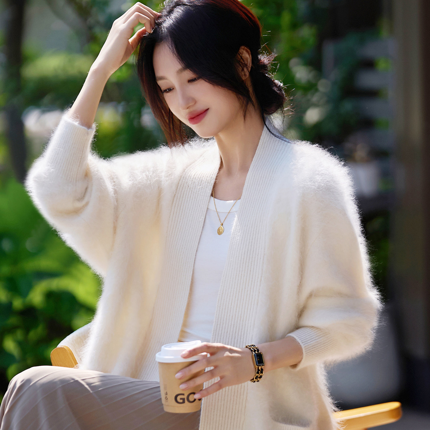 女士围巾领拉绒开衫羊毛衫毛针织衫气质女装优雅上衣均码纯色
