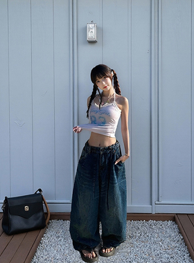 LDAB蓝色阔腿牛仔裤女2025春夏季新款美式做旧小众设计感阔腿裤