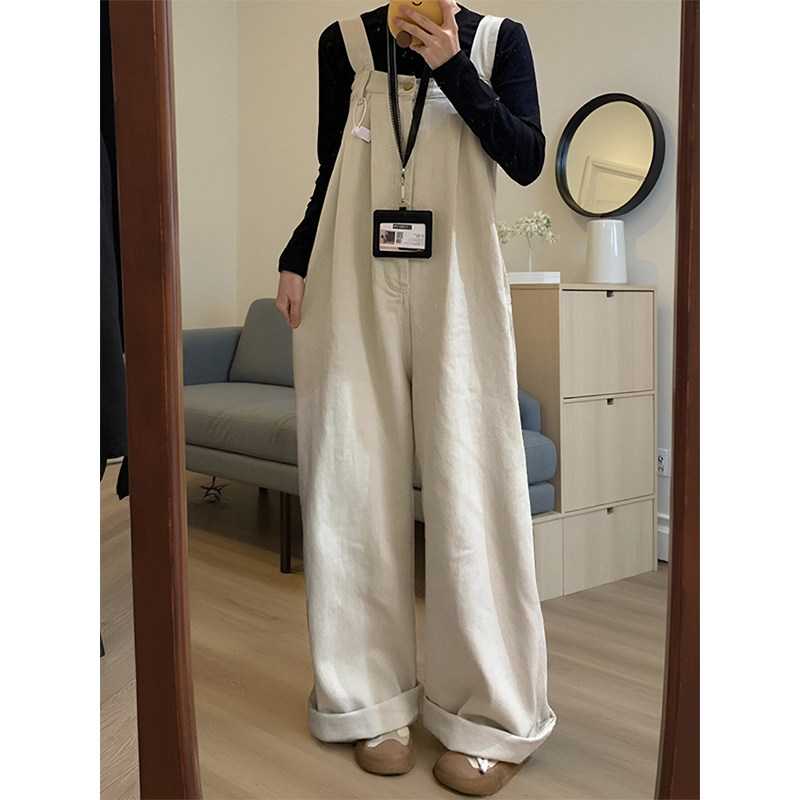 白色牛仔工装背带裤女2026春秋新款日系显瘦慵懒宽松休闲阔腿裤子