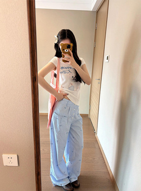 LDAB蓝色格纹休闲裤女2025春夏季新款宽松休闲蝴蝶结刺绣阔腿裤