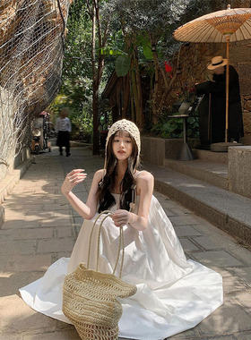 LDAB度假风白色吊带连衣裙女2025春夏新款高级感气质简约宽松长裙