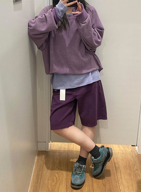 LDAB葡萄紫五分牛仔裤女2025夏季新款美式复古多巴胺设计感阔腿裤