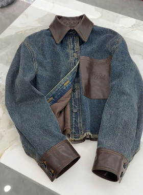 LDAB蓝色翻领牛仔外套女2025春秋新款美式复古百搭休闲飞行员夹克