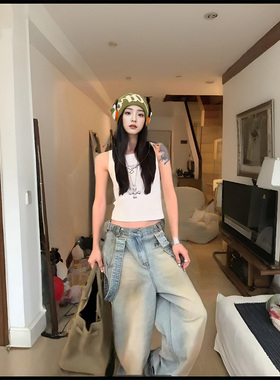 LDAB浅蓝色背带牛仔裤女2025春夏季新款美式可拆卸小众百搭阔腿裤