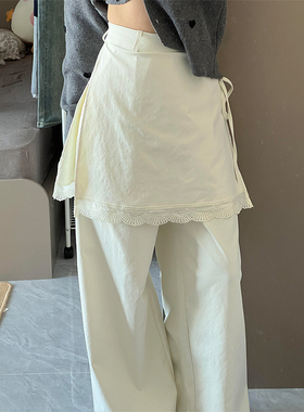 LDAB白色假两件直筒裤女2025春夏季新款小众设计感宽松休闲长裤