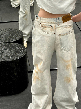 LDAB白色牛仔裤女2025春季新款美式复古小个子设计感直筒阔腿长裤