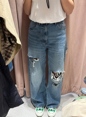 LDAB蓝色破洞牛仔裤女2025春夏新款美式街头辣妹显瘦休闲直筒长裤