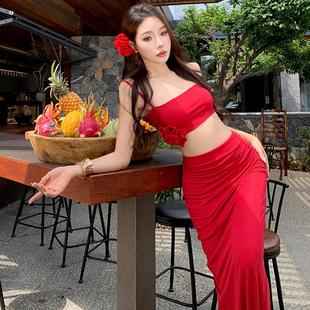 泰式 绝美性感辣妹吊带半身裙两件套 设计感小众度假显身材长裙套装