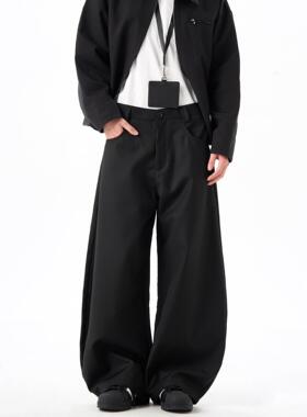 美式高级感垂感阔腿黑色弯刀西裤头潮流男女复古通勤宽松休闲长裤