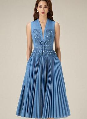 重工牛仔百褶连衣裙越南设计师编织钉珠小众长裙气质小礼服30038