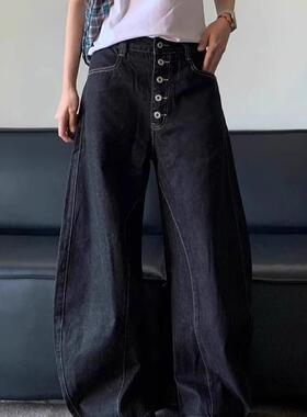 美式复古高街排扣设计oo黑色弯刀牛仔裤阔腿宽松长裤子男女潮