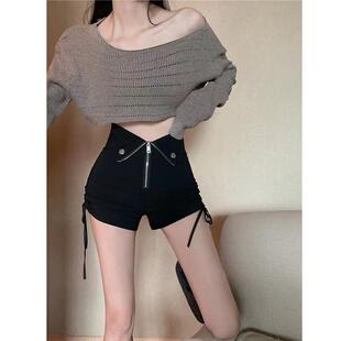 紧身热裤 女大码 高腰显瘦直筒休闲 设计感不规则港味黑色短裤 女夏季