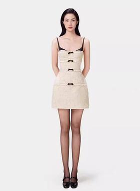 现货法式轻奢钉珠蝴蝶结吊带短裙新款小香风收腰字连衣裙40067