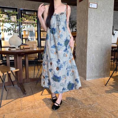 云南旅游穿搭扎染水墨画连衣裙微胖度假风大理丽江洱海拍照吊带裙