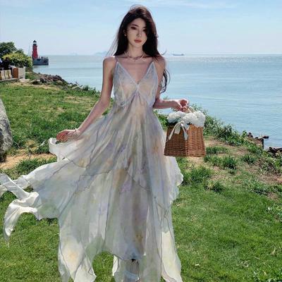 三亚泰国海边度假拍照纯欲高级感印花透明感不规则吊带沙滩长裙女