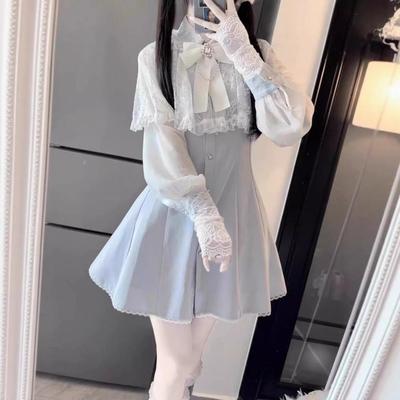 日系甜美少女纯欲风清楚系披肩蕾丝蝴蝶结雪纺长袖连衣裙水色黑