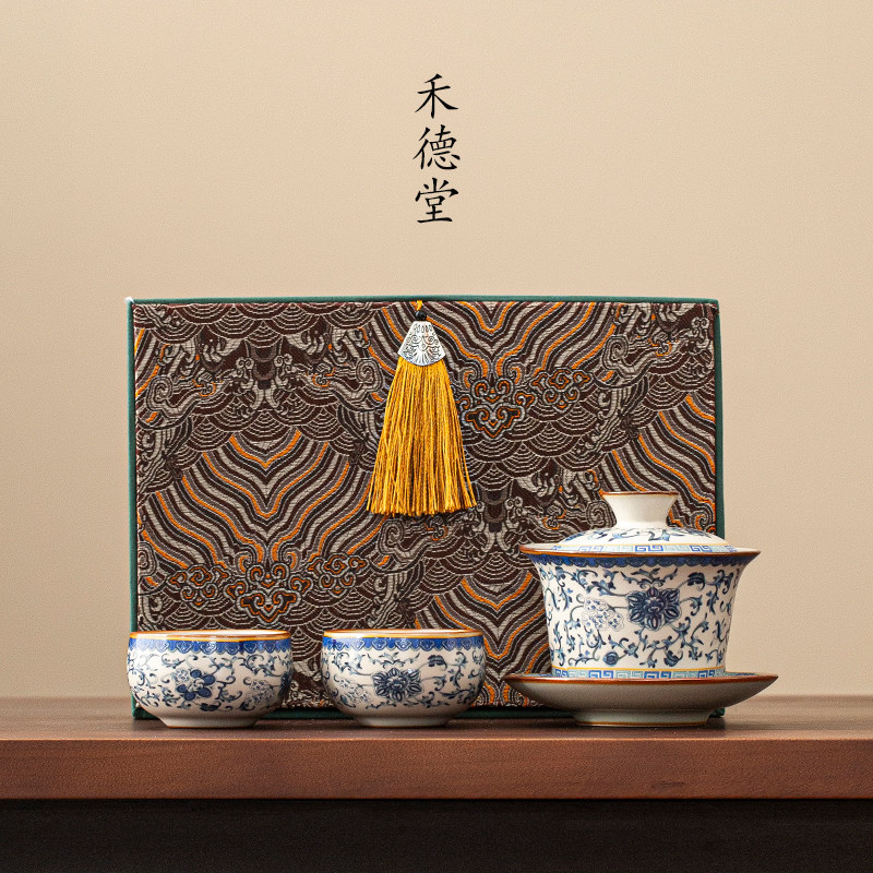 汝窑青花缠枝莲一壶二杯茶具套装家用景德镇陶瓷具功夫盖碗茶杯