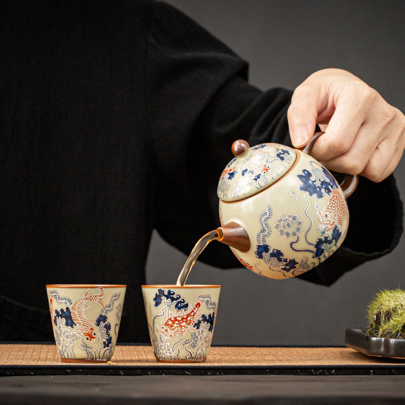 米黄汝窑茶壶古草鱼功夫茶具套装景德镇泡茶器喝茶单壶茶杯小套装