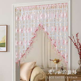 蕾丝刺绣门帘三角帘吊珠免打孔隔断帘半截厨房拱形帘遮挡帘公主风