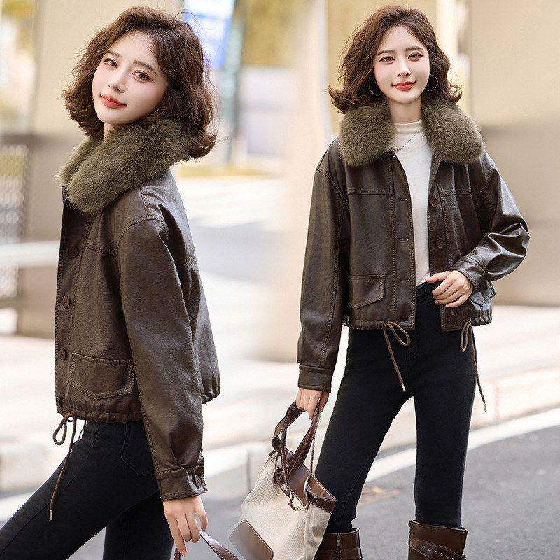 品牌加绒加厚皮衣外套女短款2024新款冬季小个子休闲毛领机车夹克