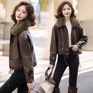 品牌加绒加厚皮衣外套女短款2024新款冬季小个子休闲毛领机车夹克