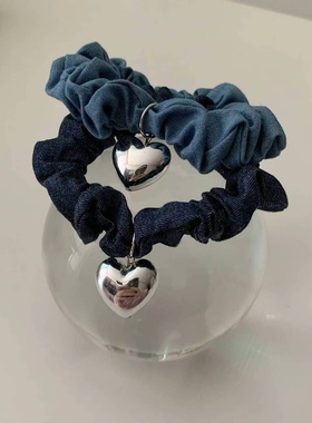 0824韩国东大门代购发圈earlobe简约牛仔布蓝色大肠发圈爱心吊坠