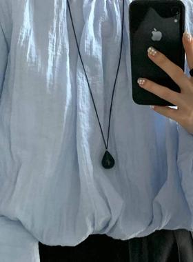 1022韩国东大门代购earlobe黑色水滴项链长款复古毛衣链秋冬配饰