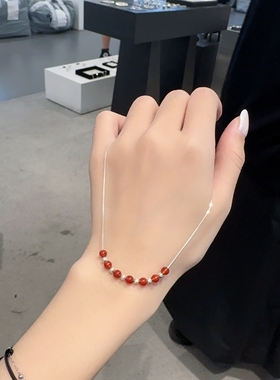 0402韩国东大门代购h925纯银串珠项链 锁骨链通体银红色珠珠轻奢