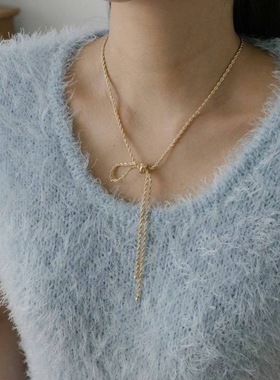 韩国进口noii项链 单边蝴蝶结编织感锁骨链长款项链毛衣链卫衣链