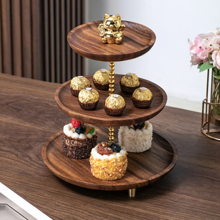 胡桃木质双层托盘干果盘创意实木水果茶盘点心蛋糕盘甜品台多层架